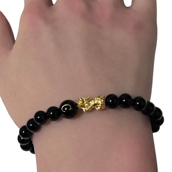 18K Gold Pixiu Piyao Bracelet Gemstones Onyx 6mm Elastic Bracelet Letter C - Picture 6 of 7